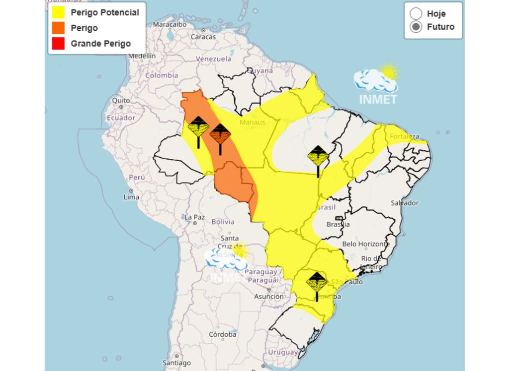 Alertas de perigo potencial para tempestades emitidos pelo INMET para esta quarta-feira (19).