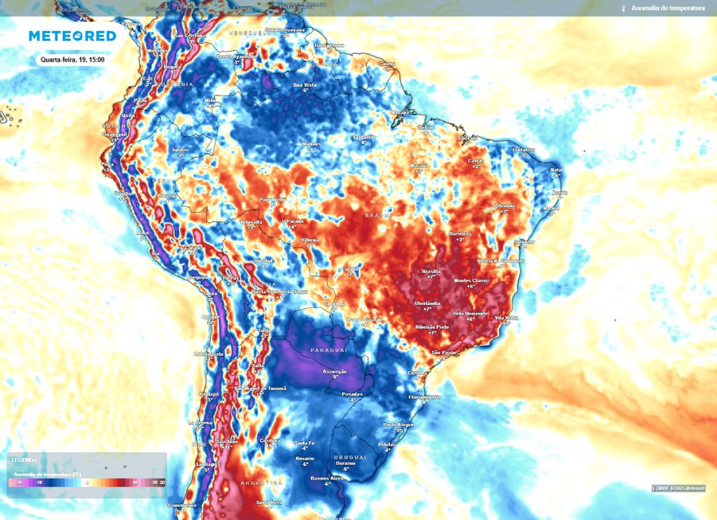 Anomalia de temperatura para a tarde de quarta-feira (19).