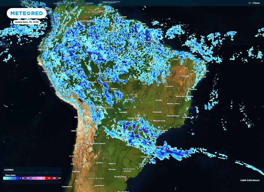 Previsão de precipitação para a tarde de quarta-feira (19), segundo o modelo ECMWF.