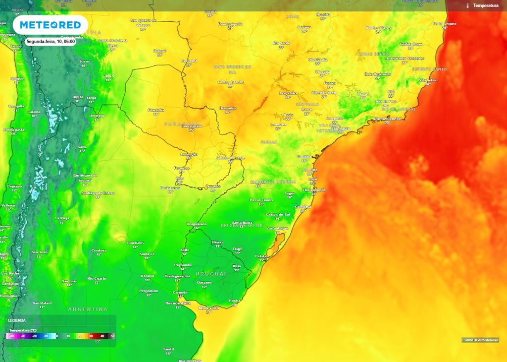 Previsão de temperatura mínima para a manhã de segunda-feira (10) na Região Sul. Previsão de temperatura mínima para a manhã de segunda-feira (10) na Região Sul.
