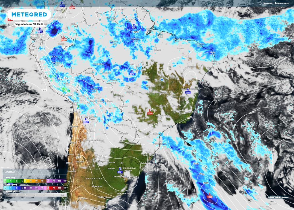 Previsão de nebulosidade e de chuva para a manhã de segunda-feira (10). Previsão de nebulosidade e de chuva para a manhã de segunda-feira (10).