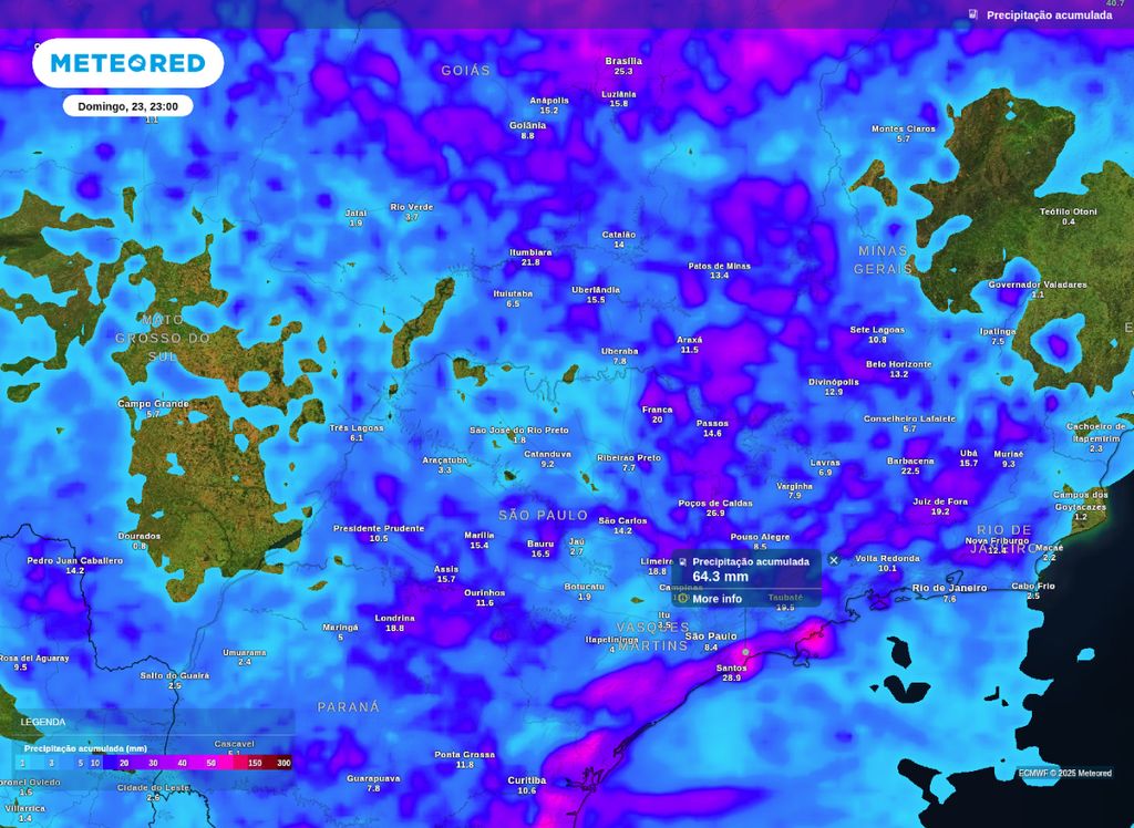 Precipitação acumulada entre sábado (22) e domingo (23) para o Sudeste do Brasil.