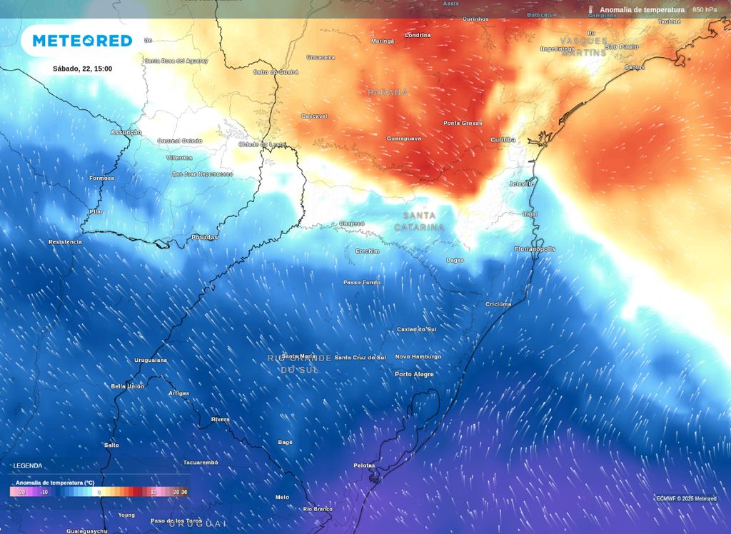 Anomalia de temperatura em 850 hPa neste sábado (22) mostra a presença de ar frio sobre o Sul do Brasil após avanço de frente fria.