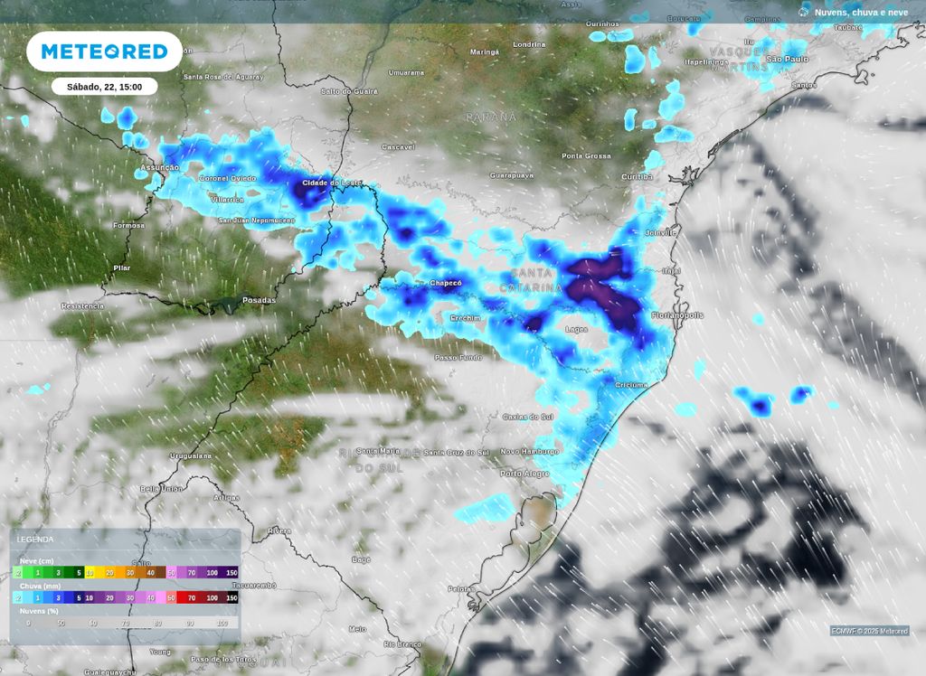 Previsão de chuva e nebulosidade para o Sul do Brasil na tarde deste sábado (22), de acordo com o modelo ECMWF.