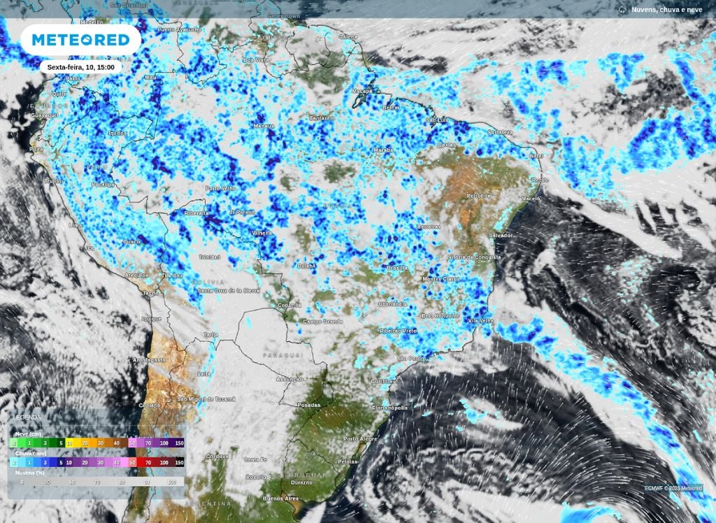 Tarde com chuvas espalhadas pelo Sudeste, Centro-Oeste e parte do Nordeste. Riscos de chuvas fortes são maiores em MG, ES e GO.