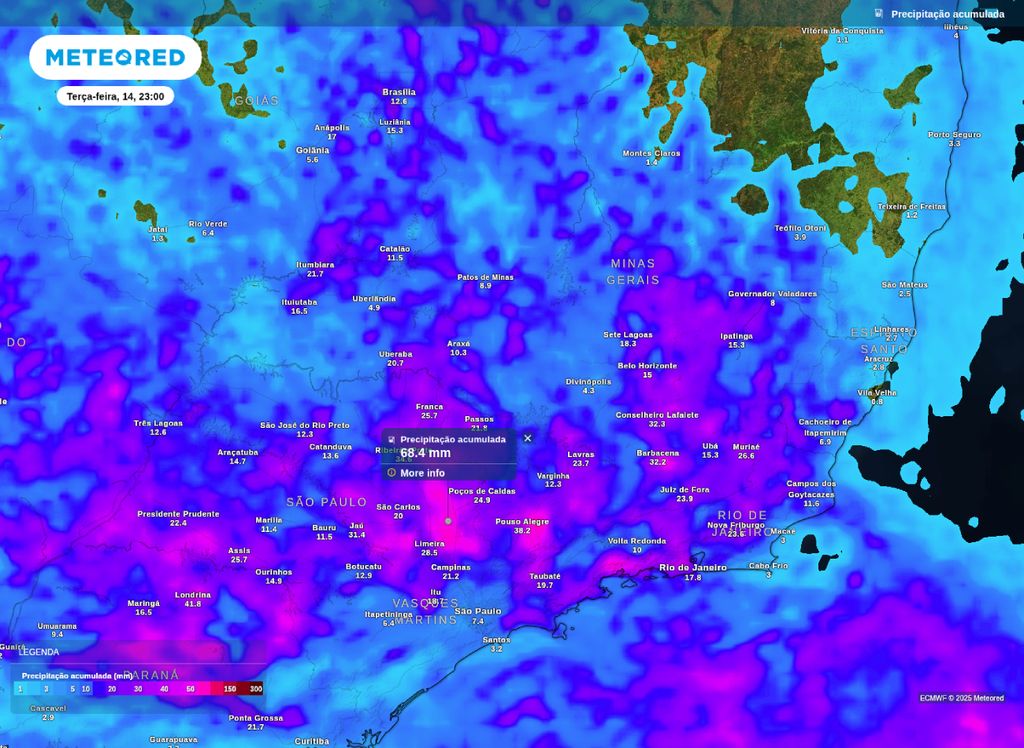 Precipitação acumulada prevista para a terça-feira (14).