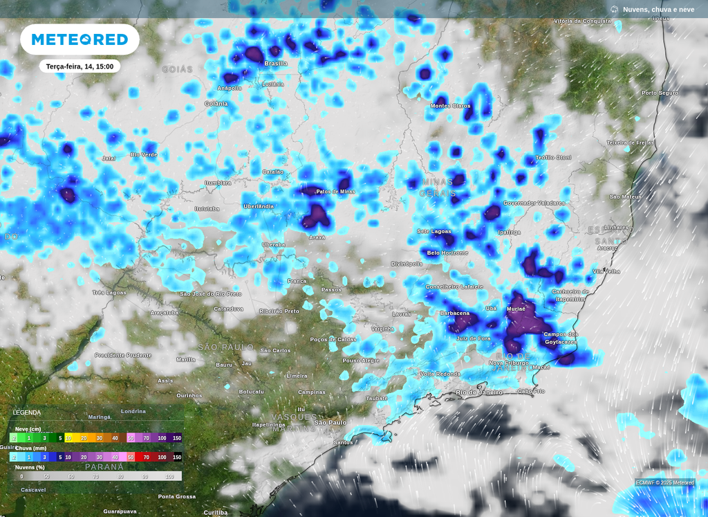 Previsão de precipitação para a tarde de terça-feira (14).