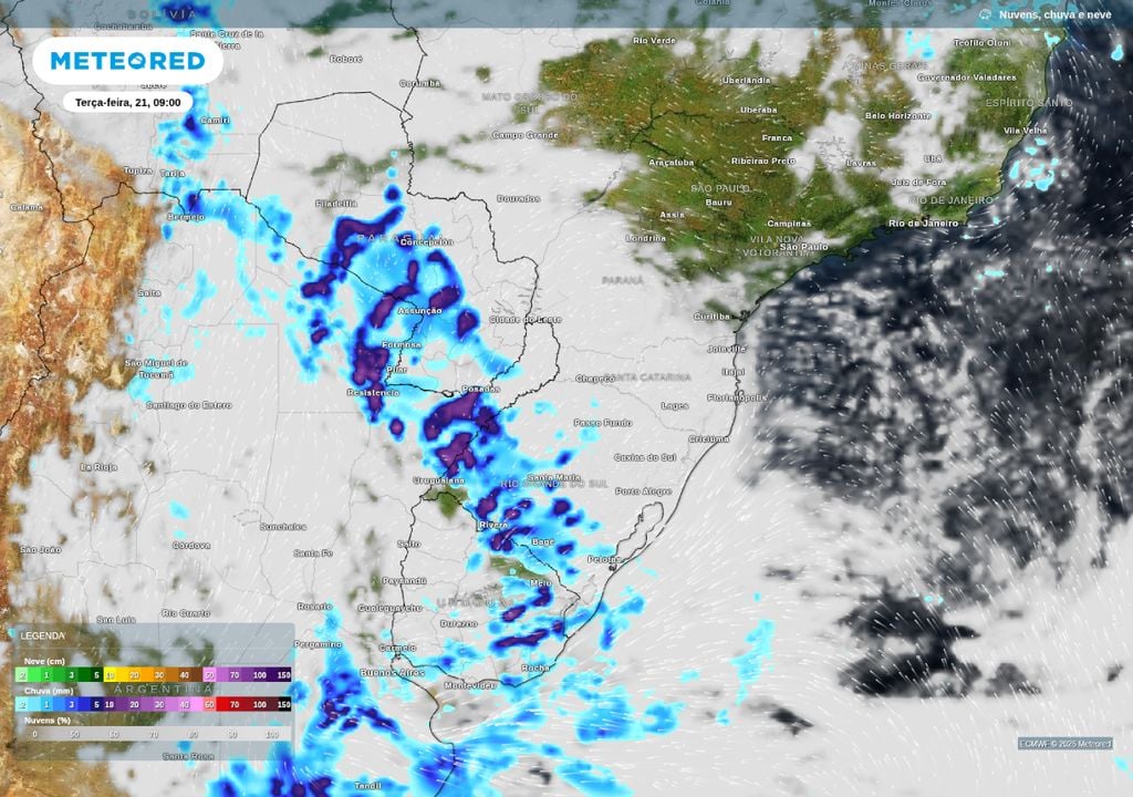 Mapa de previsão de precipitação para a manhã desta terça (21). Modelo mostra chuvas intensas em áreas do oeste gaúcho.
