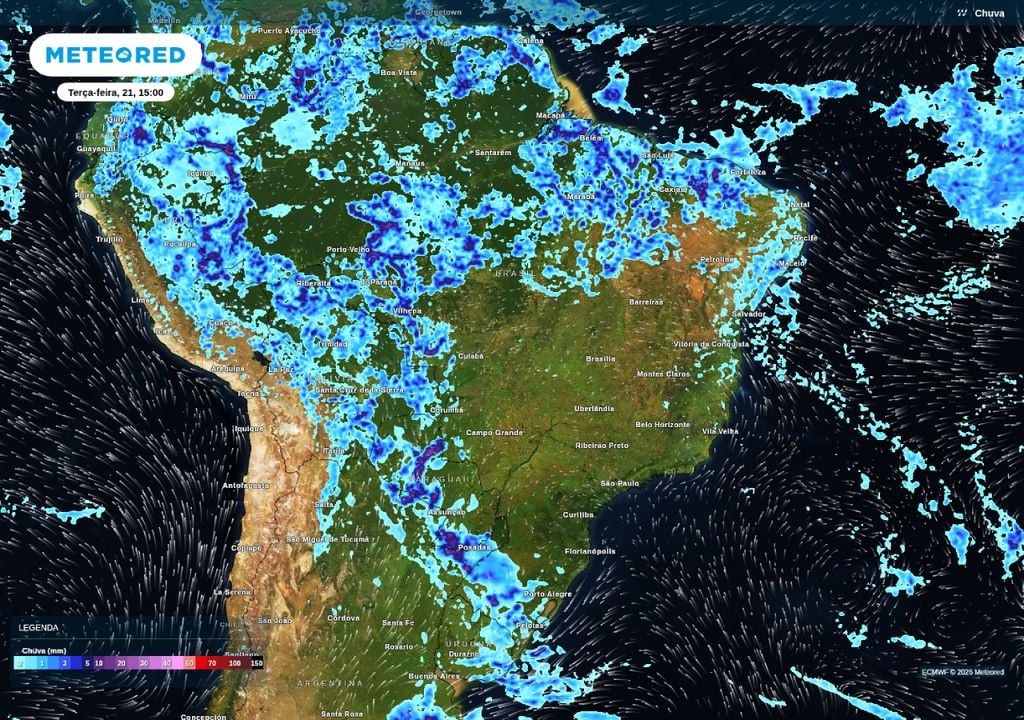 Precipitação prevista para a tarde de terça-feira (21) sobre o Brasil.