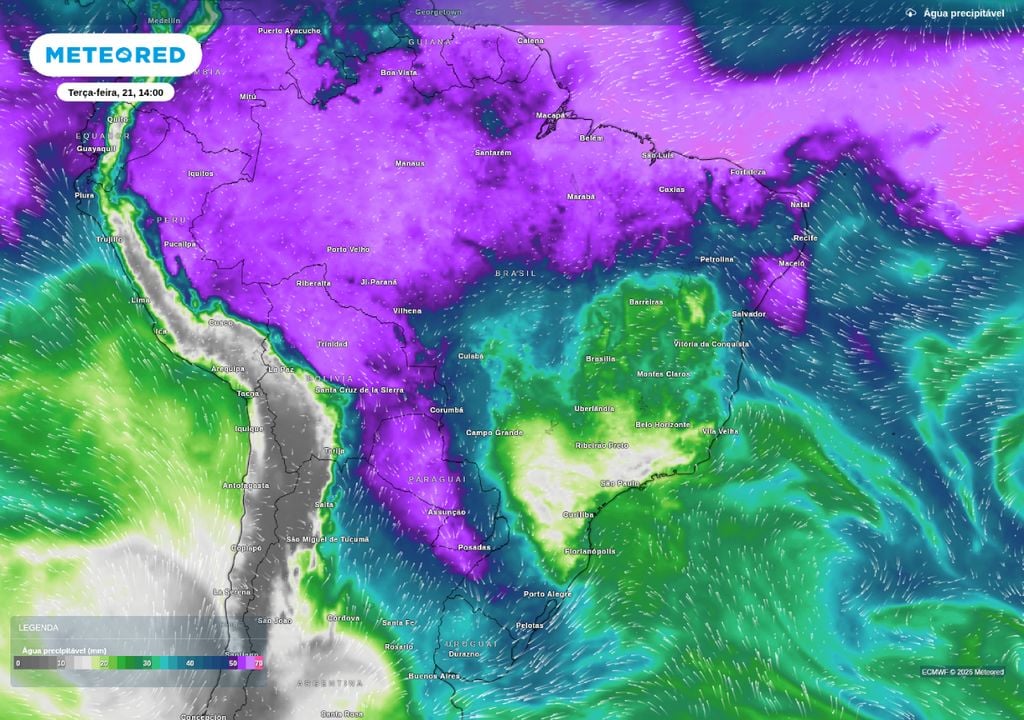 O mapa de água precipitável nos mostra áreas com maior umidade na atmosfera, e regiões propícias a pancadas de chuva nesta terça-feira (21).