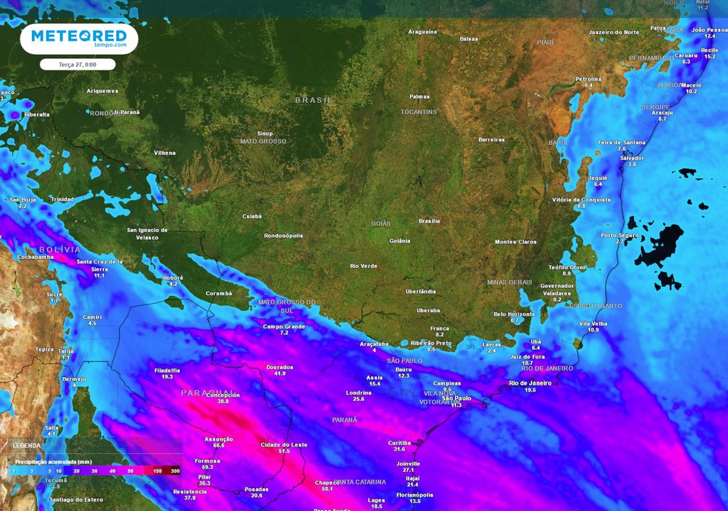Previsão de acumulados de chuva até segunda-feira.