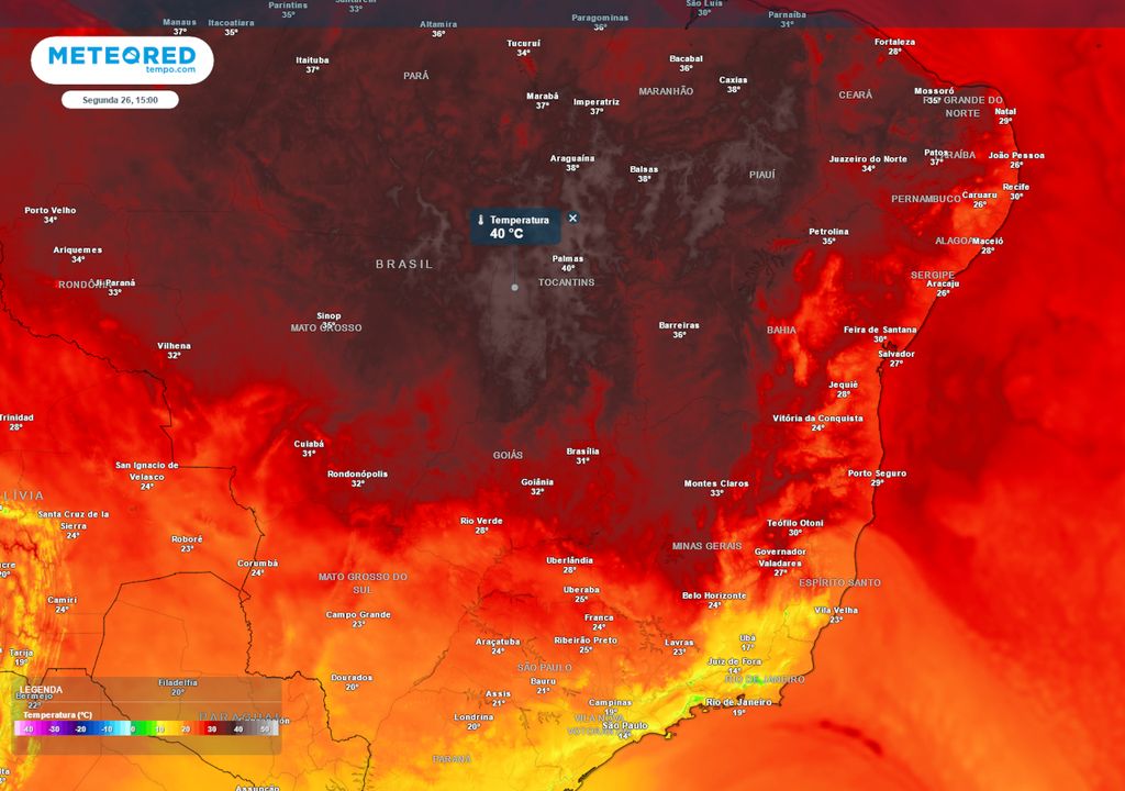 Previsão de temperaturas máximas na segunda-feira.