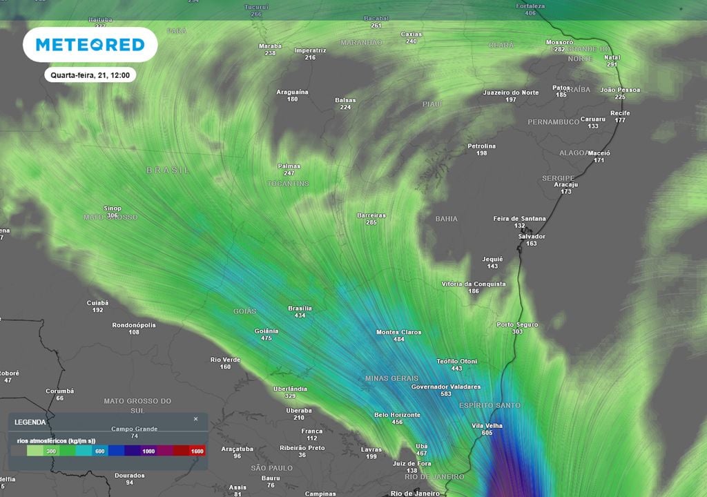 Previsão de rios atmosféricos na quarta-feira durante a tarde mostra a formação de um intenso canal de umidade que vai desde o sul da Floresta Amazônica até o Oceano Atlântico Sul.