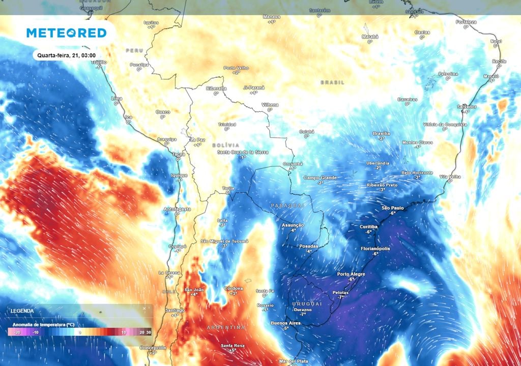 Previsão de anomalias de temperatura em 850 hPa mostra uma intensa massa de ar frio avançando por grande parte do centro-sul do País - incluindo estados como RS, SC, PR, SP e MS.