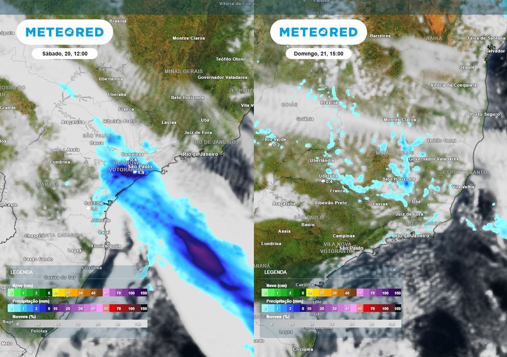 Previsão de nebulosidade e chuva no sábado (esquerda) e domingo (direita) durante a tarde ilustram o deslocamento das chuvas ocasionadas pela frente fria ao longo do final de semana.
