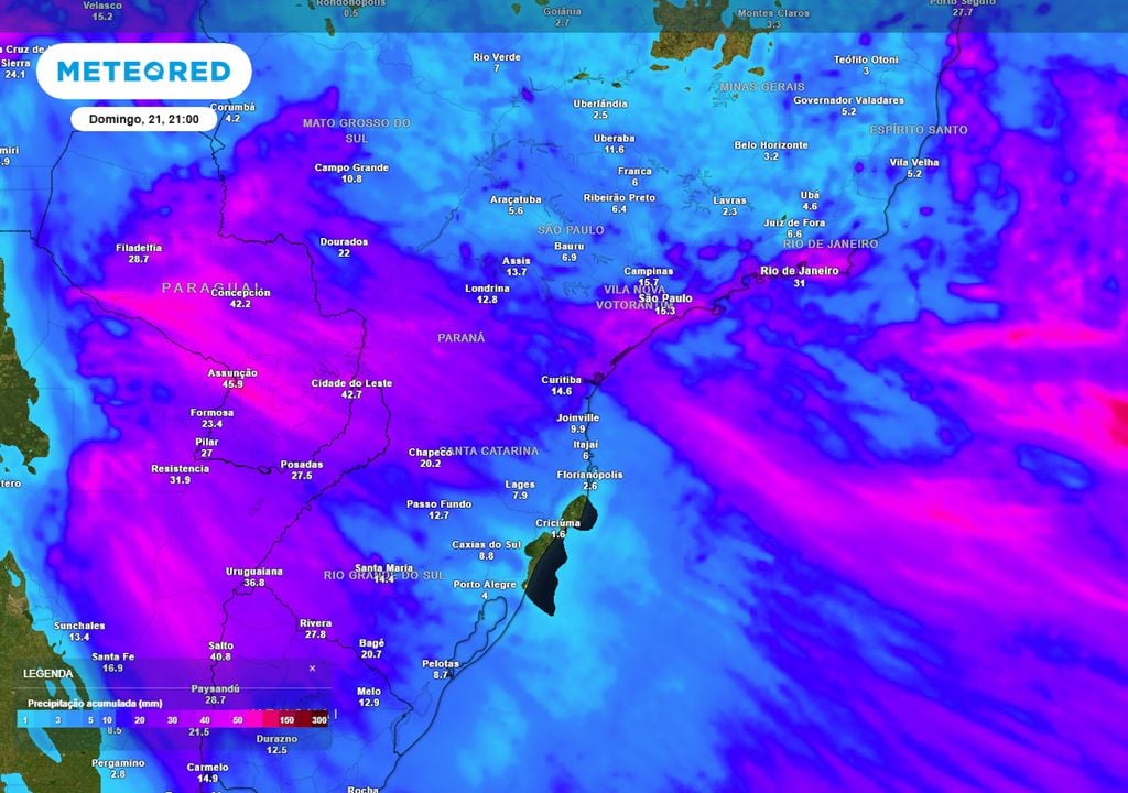 Previsão de acumulados de chuva totais até o final do domingo mostram que alguns municípios do Sul, Sudeste e Centro-Oeste podem registrar volumes de chuva de até 50 mm totais.