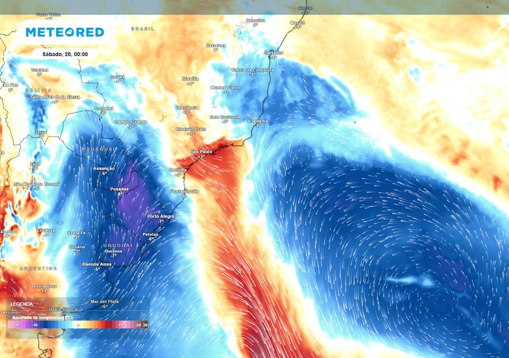 Previsão de anomalias de temperatura em 850 hPa mostram o avanço de uma massa de ar frio sobre a região Sul, ocasionando uma nova queda expressiva das temperaturas.