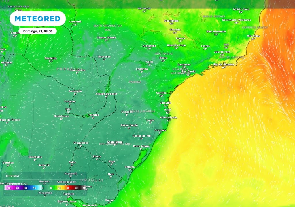 Previsão de temperaturas mínimas no centro-sul do Brasil durante a madrugada do domingo mostra que grande parte da região registrará temperaturas abaixo dos 10°C, chegando a até 0°C.