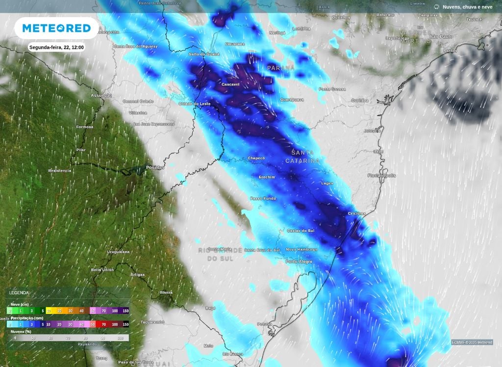 Mapa de chuva para o Sul do Brasil. Previsão de chuva para o início da tarde de segunda-feira (22), de acordo com o modelo ECMWF.