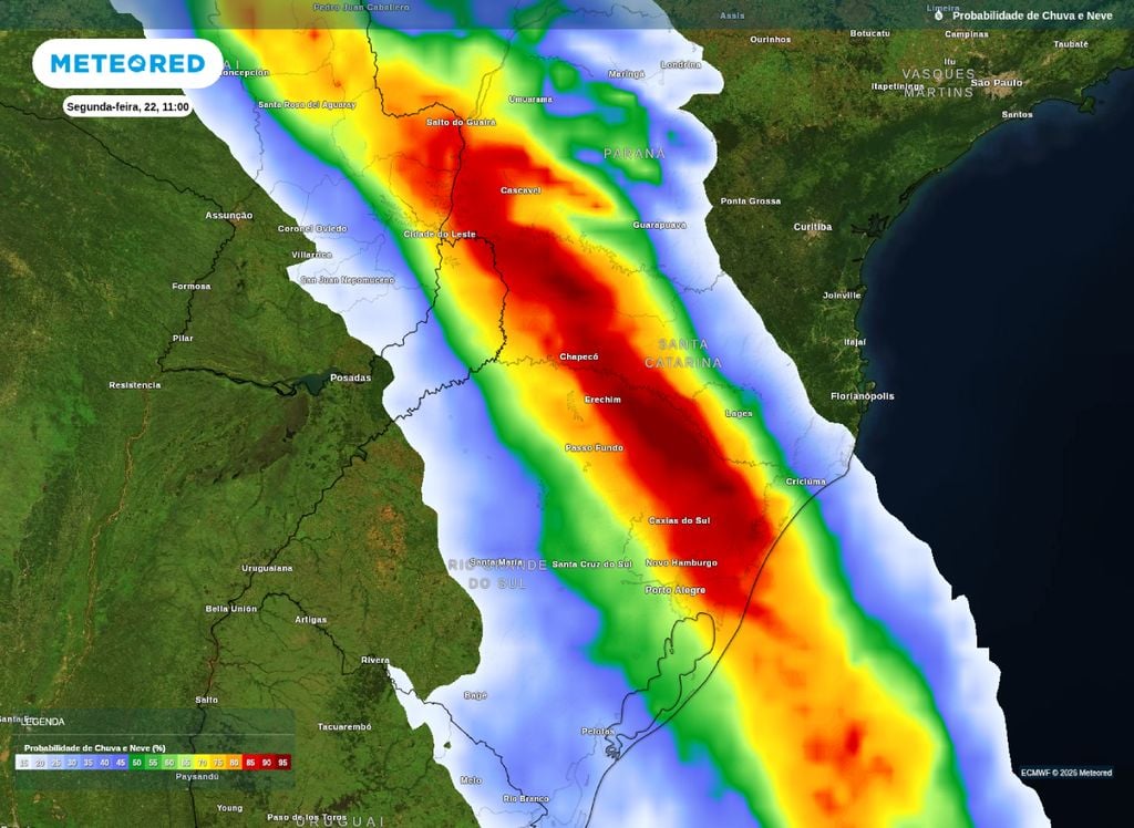 Probabilidade de precipitação. Mapa com chances de chuva para o Sul do Brasil ao final da manhã de segunda-feira (22).