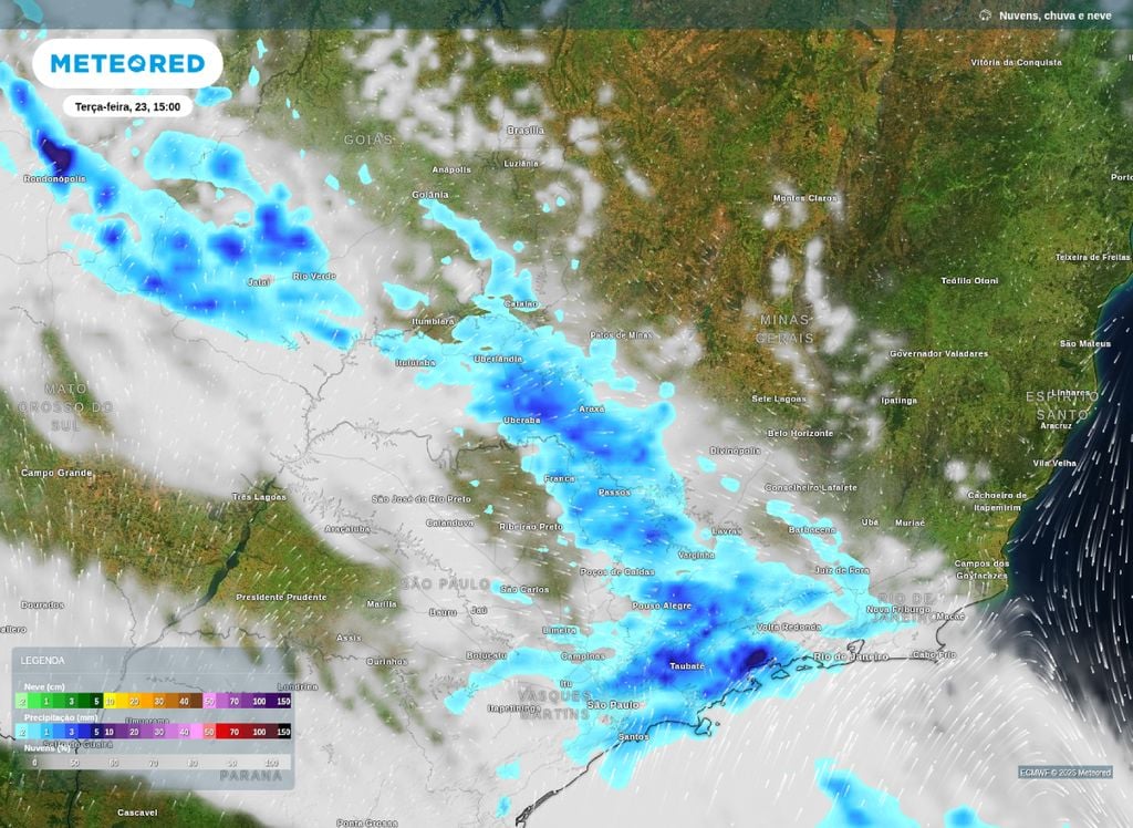 Mapa de chuva para o Sudeste do Brasil. Mapa de chuva e nebulosidade para o Sudeste do Brasil na terça-feira (23).