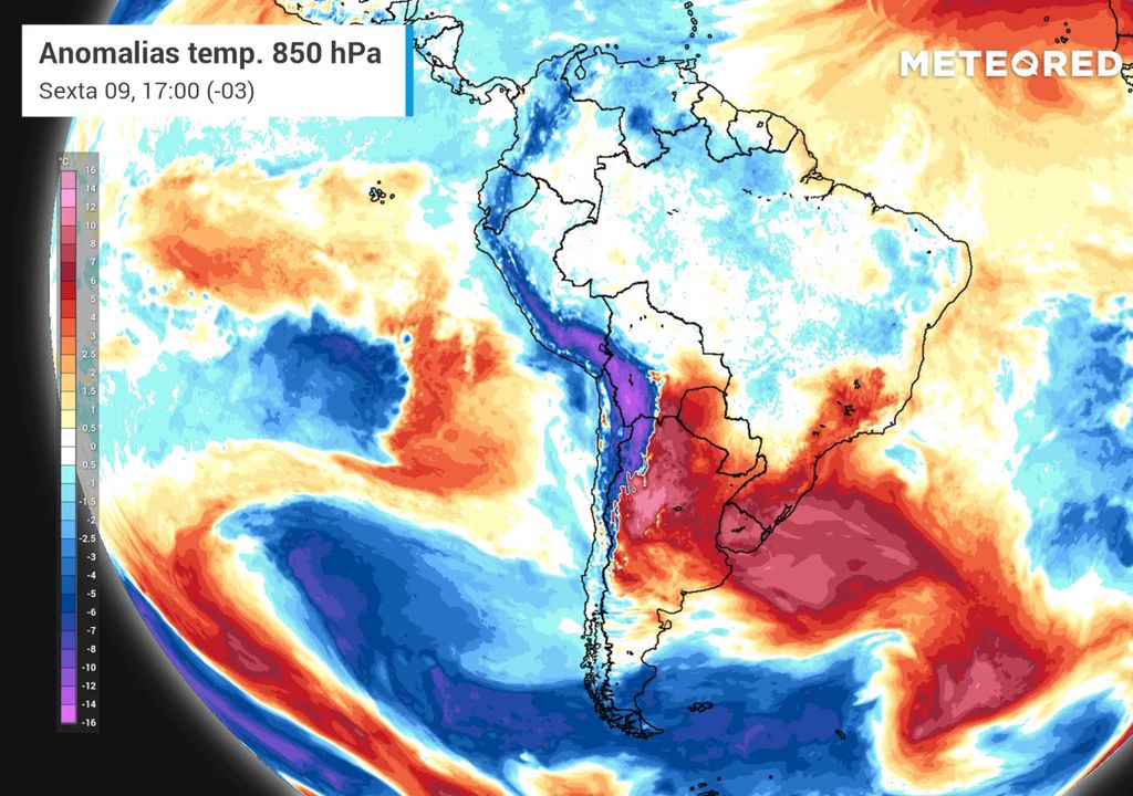 Mapa de anomalias de temperatura para sexta-feira (09).