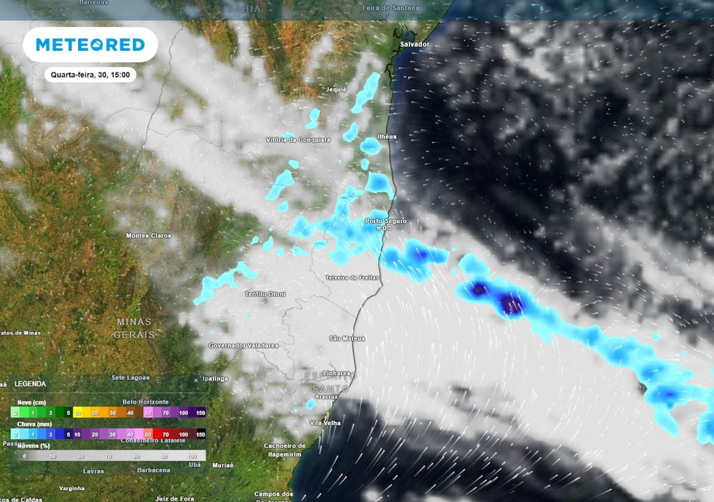Previsão de nebulosidade, chuva e ventos na quarta-feira durante a tarde.
