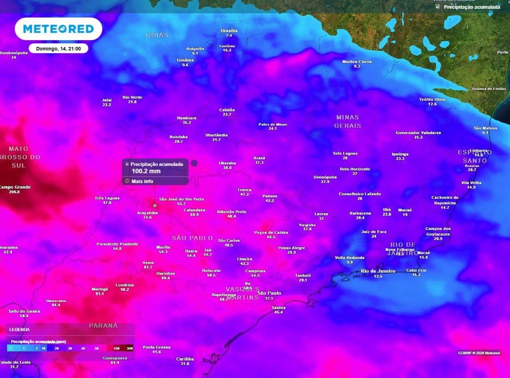 Previsão da precipitação acumulada (em mm) até a noite (21h) do domingo (14), segundo o modelo europeu ECMWF.