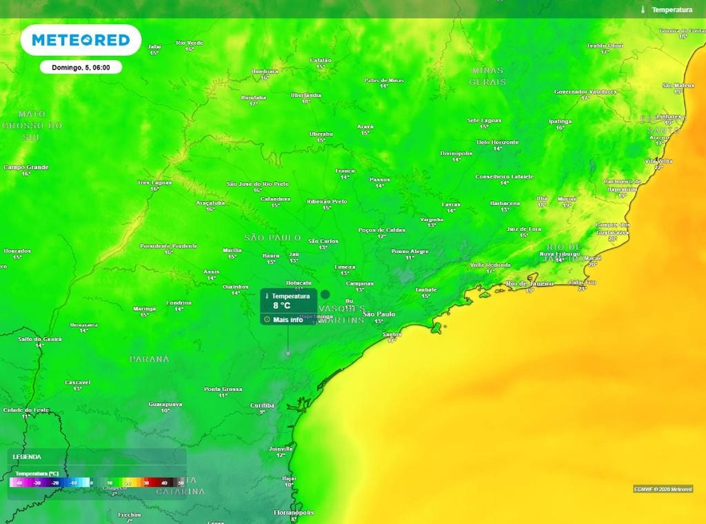 Previsão da temperatura mínima do ar (em °C) para domingo (5), segundo o modelo europeu ECMWF.