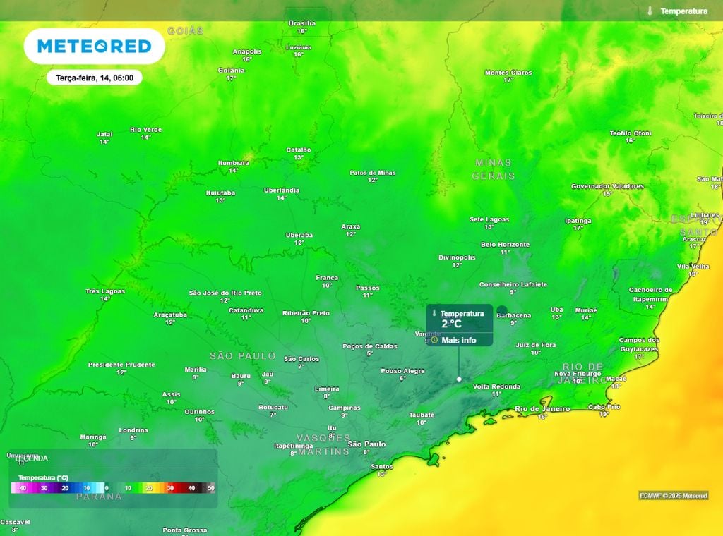 Temperatura mínima. Previsão da temperatura mínima para o Sudeste do Brasil, nesta terça-feira (14).