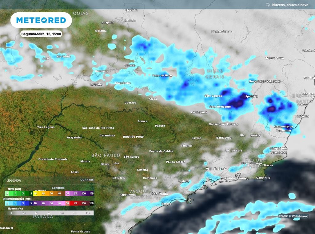 Precipitação e nebulosidade. Mapa de precipitação e nebulosidade para o Sudeste do país na tarde desta segunda-feira (13).