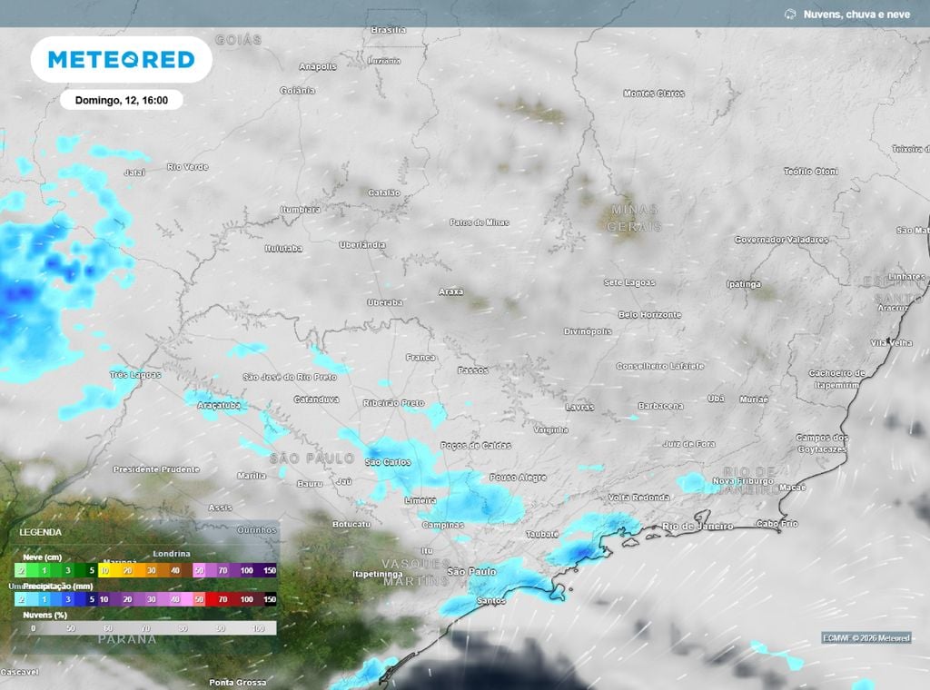 Precipitação e nebulosidade. A previsão é de aumento de nebulosidade sobre todo o Sudeste no domingo (12) com pancadas de chuva ocorrendo em áreas pontuais de São Paulo.