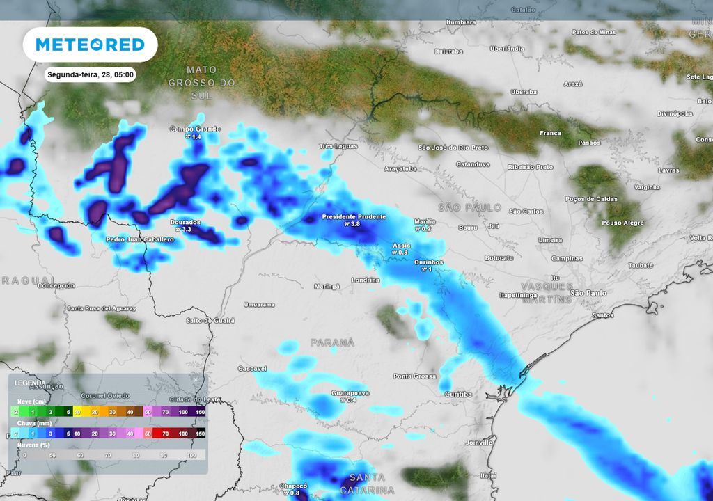 Previsão de nebulosidade e chuva na segunda-feira de manhã.