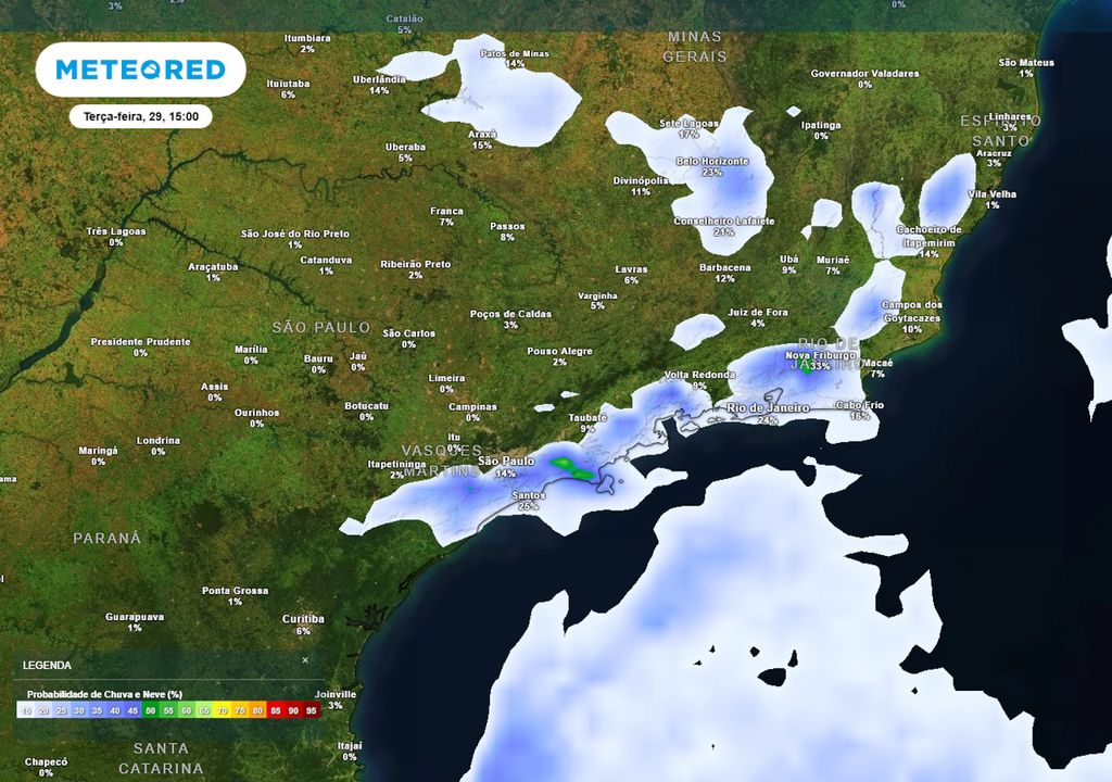 Previsão de probabilidade de chuva na terça-feira durante a tarde.