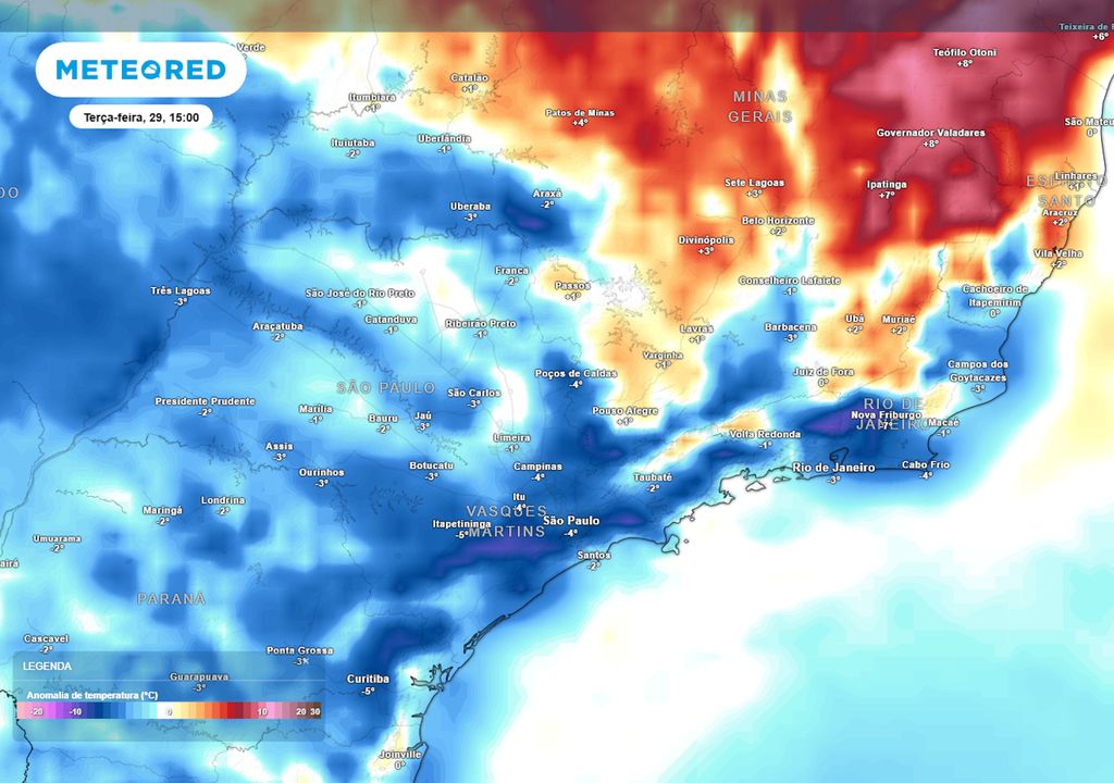 Previsão de anomalia de temperaturas em 850 hPa na terça-feira durante a tarde.