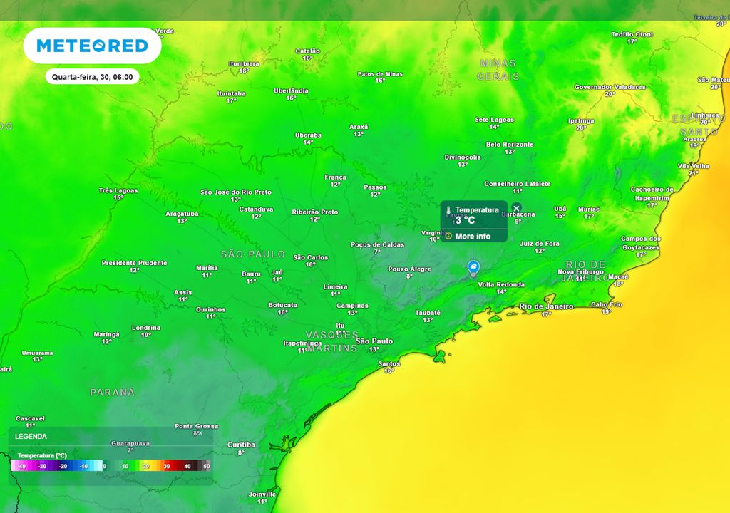 Previsão de temperaturas mínimas na quarta-feira de madrugada.