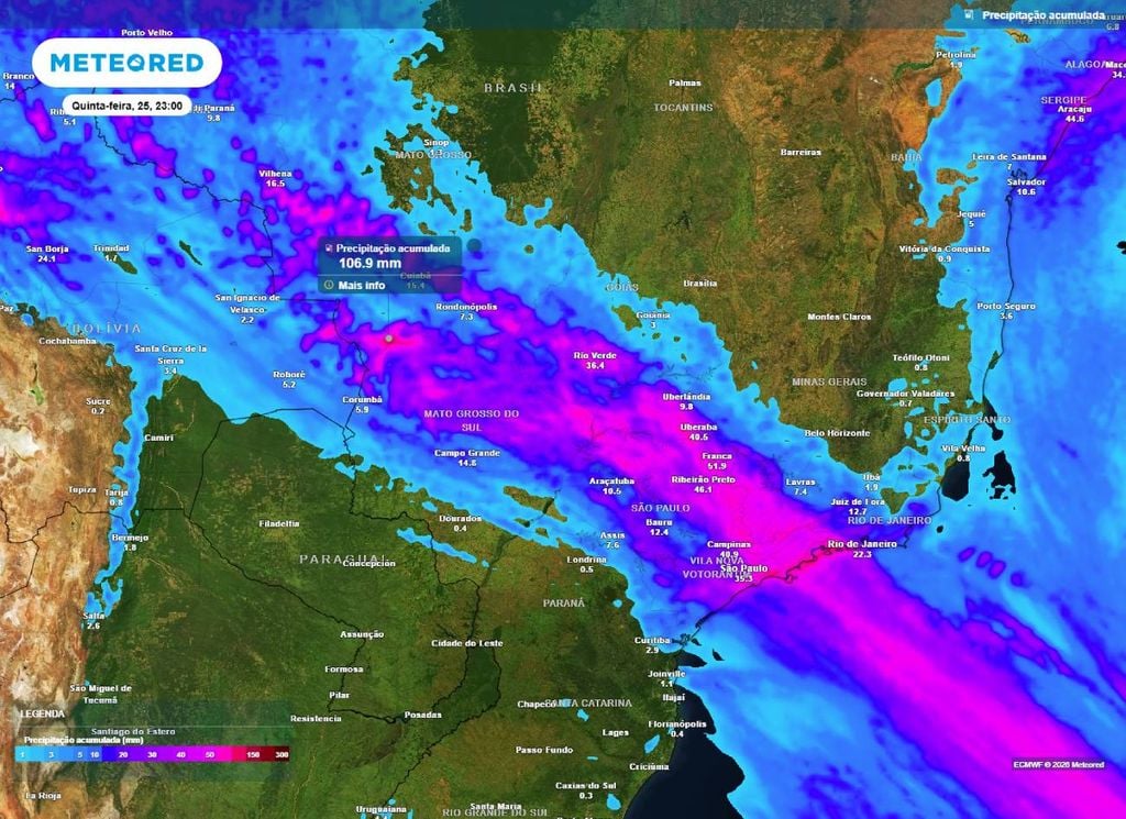 Precipitação acumulada. Precipitação acumulada prevista entre terça (23) e quinta-feira (25).