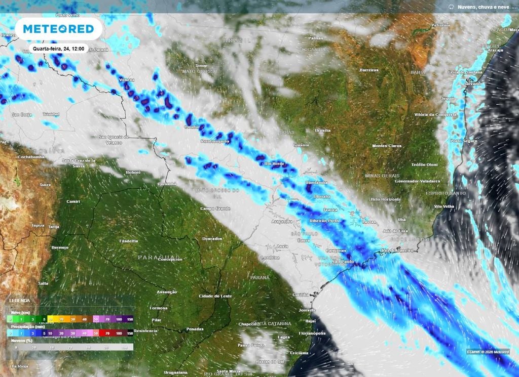 Chuva prevista. O mapa mostra áreas com previsão de chuvas para esta quarta-feira (24).