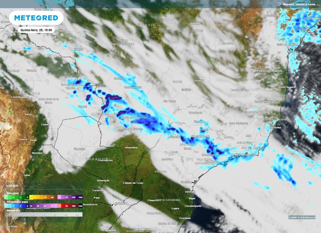Previsão de chuva. Previsão de precipitação para a tarde desta quinta-feira (25).