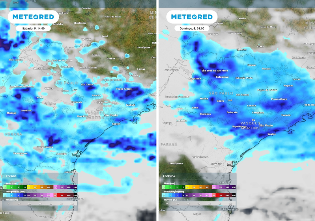 Previsão de precipitação (mm) e nebulosidade para sábado (5) às 14h à esquerda e para domingo (6) às 9h à direita, segundo o modelo europeu ECMWF.