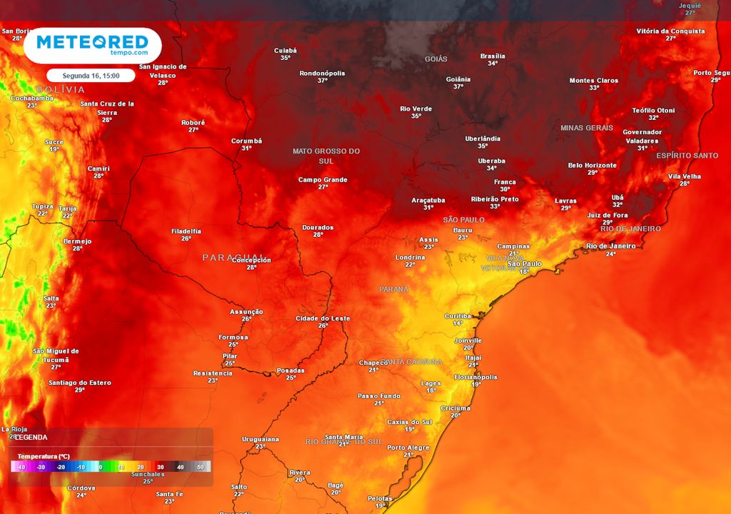 Previsão de temperaturas máximas para a próxima segunda-feira.