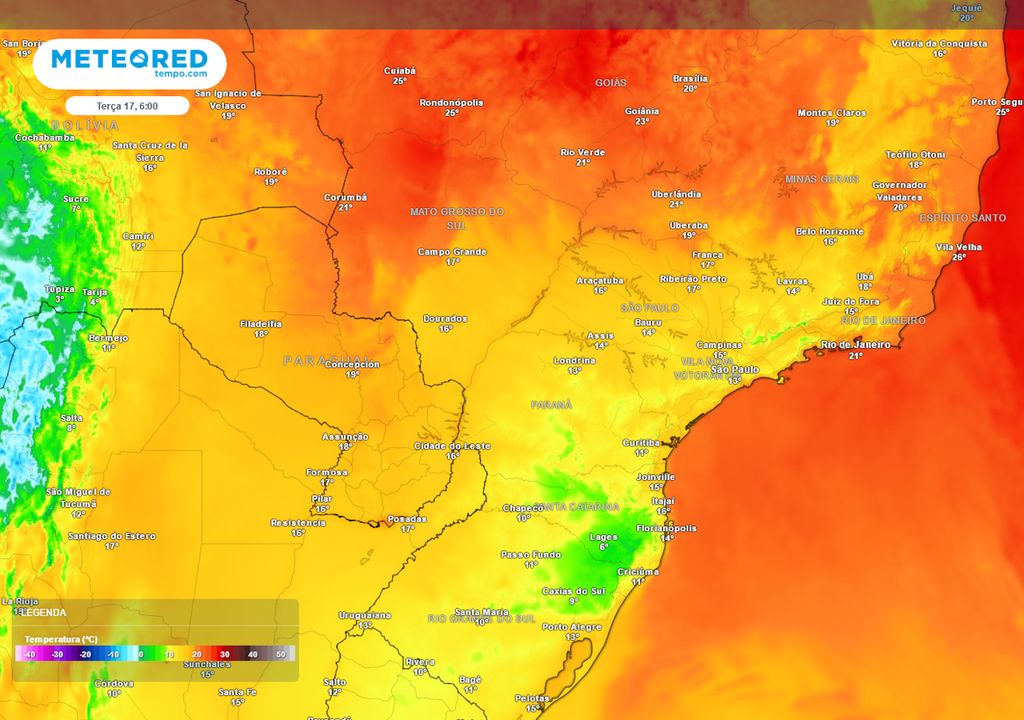 Previsão de temperaturas mínimas para a próxima terça-feira.