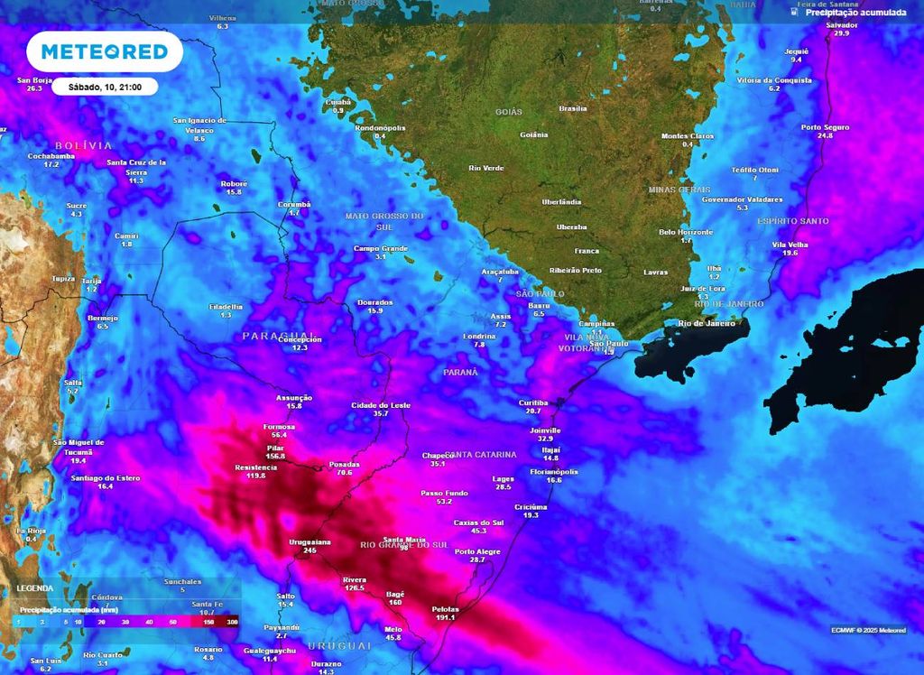 Mapa de precipitação acumulada entre esta quarta-feira (07) e sábado (10) de abril, segundo o modelo ECMWF. Mapa de precipitação acumulada entre esta quarta-feira (07) e sábado (10) de abril, segundo o modelo ECMWF.