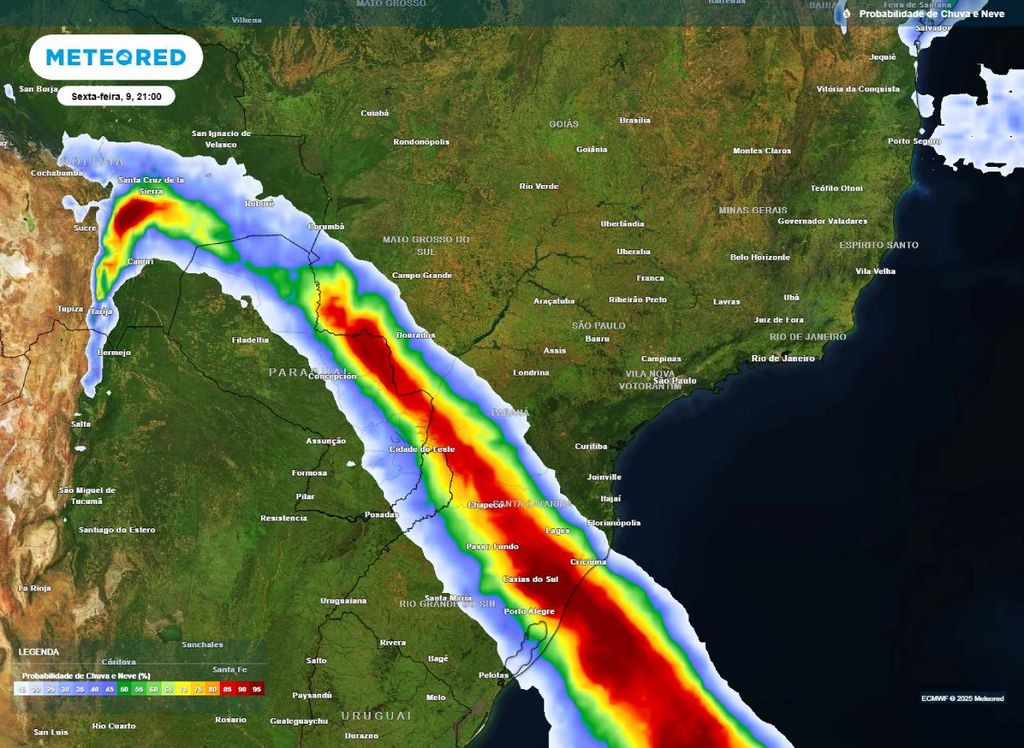 Mapa de possibilidade de chuva para a noite desta sexta-feira (09), segundo o modelo ECMWF. Mapa de possibilidade de chuva para a noite desta sexta-feira (09), segundo o modelo ECMWF.