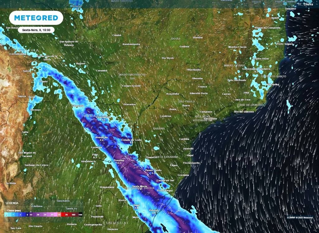 Mapa de precipitação prevista para a tarde de sexta-feira, 9
