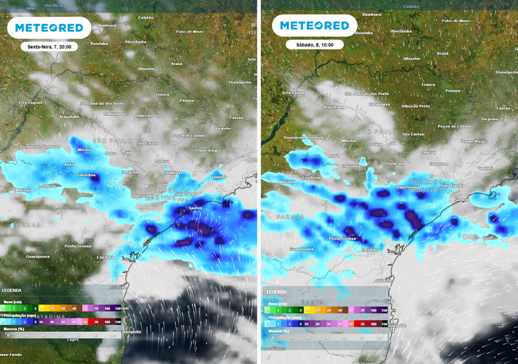 Previsão de precipitação (em mm) para a sexta-feira (7) de noite (20h)à esquerda e para o sábado (8) de manhã (10h) à direita, segundo o modelo europeu ECMWF.