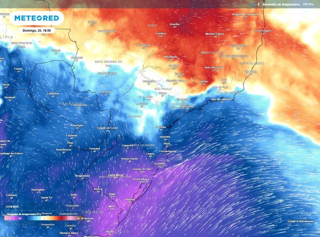Mapa de anomalias da temperatura do ar no nível de 850 hPa mostrando a abrangência da massa de ar frio que vai atuar em São Paulo e Rio Janeiro no fim de semana.