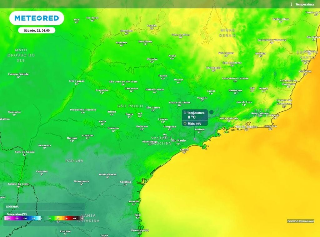 Previsão da temperatura mínima do ar (°C) para o sábado, 22 de agosto.