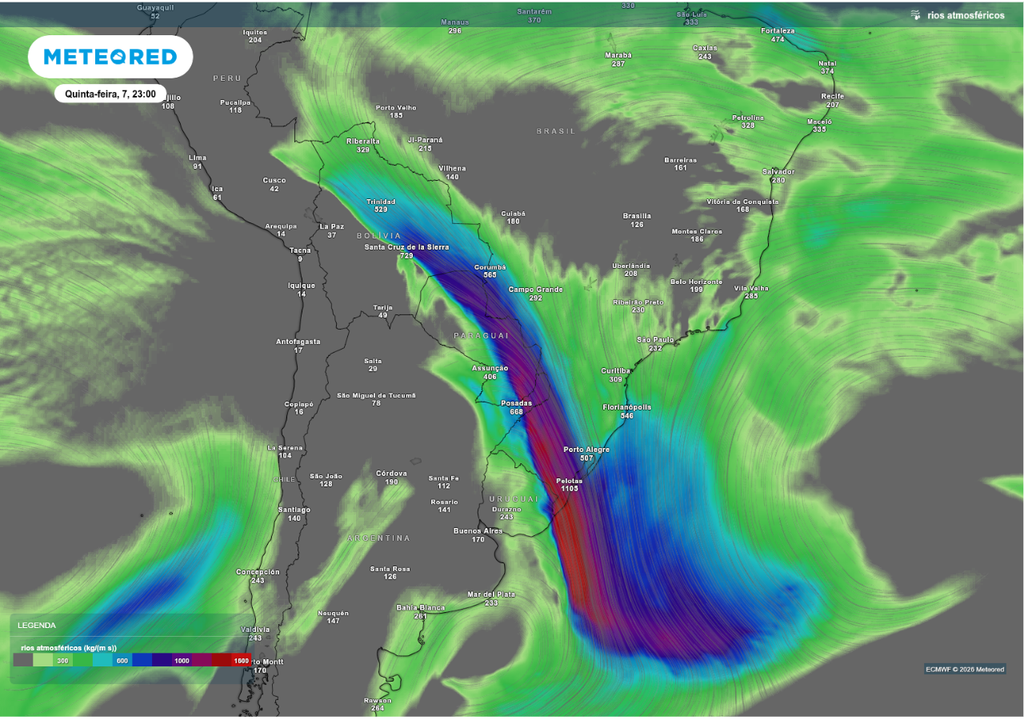 Previsão de rio atmosférico para quinta-feira (7), segundo o ECMWF.