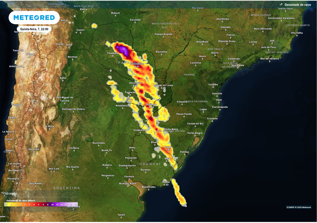 Previsão de tempestades para quinta-feira (7), segundo o ECMWF.